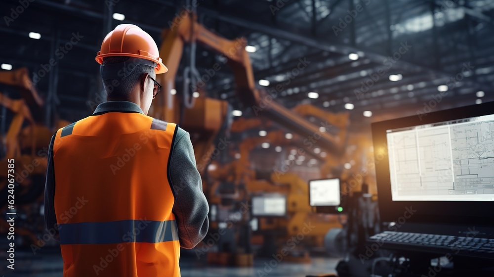 Poster engineer check and control automation robot arms machine in modern warehouse industrial on real time