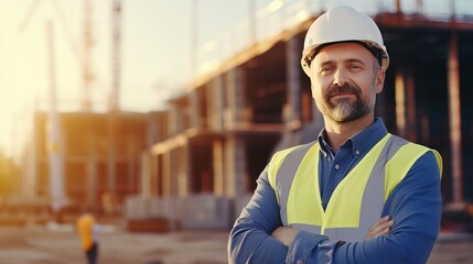 Engineer, portrait of man architect standing in front of construction site and arms crossed. Industrial or architecture, project or management and happy mature male worker with safety