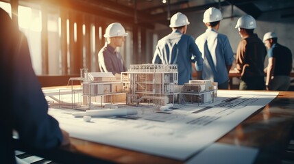 Engineers work as a team with blueprints for architectural plans. Engineer sketching construction project concept with architect equipment Architects talking at table with generative ai