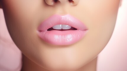 Females pout lips close up portrait. Blowing kiss. Lip hyaluronic injection and correction beauty procedure. Facial treatment concept with generative ai