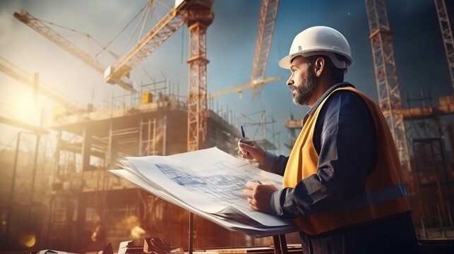 Smart civil architect engineer inspecting and working outdoors structure building site with blueprints. engineering and architecture concept with generative ai