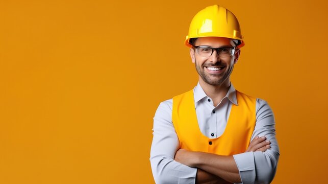 Young architect man wearing builder safety helmet over isolated background happy face smiling with crossed arms with generative ai