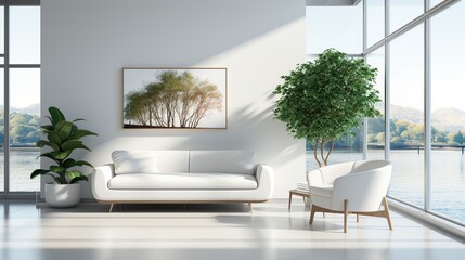 Minimalist living room interior design concept wit with sofa and vase flower