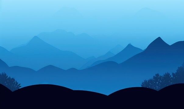  a blue landscape with mountains in the distance and trees in the foreground.  generative ai