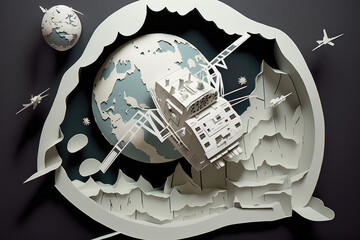 Paper art space station satellite, AI generated