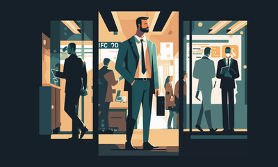 Office Entrance: Flat Vector Illustration of a Suited Man Standing at the Entry of a Busy Workplace. Professional Environment with People Engaged in Work. Modern and Stylish Design.