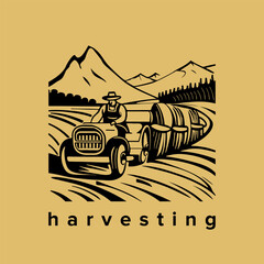 Farmer on Tractor: Linear Illustration of a Dedicated Farmer Carrying Hay Bales in a Field. Majestic Mountainous Landscape Forms the Scenic Backdrop. Vector Artwork. © leographics