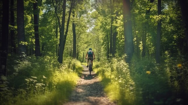 A person is riding a bicycle on a path in the mountains, AI generated