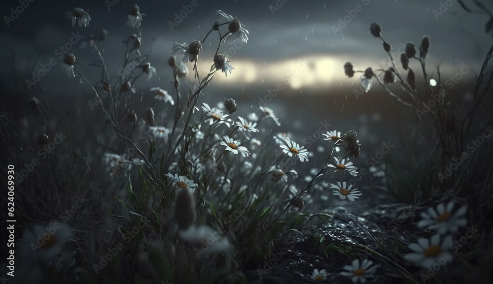 Sticker a field of daisies in the rain with a dark sky in the background. generative ai