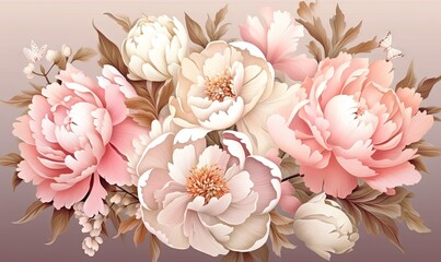  a bouquet of flowers with leaves on a pink and beige background.  generative ai