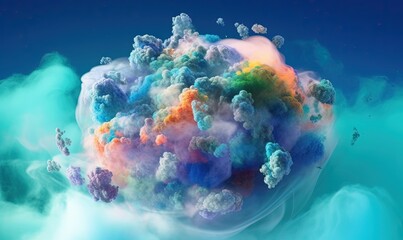  a colorful cloud of smoke floating in the air on a blue background.  generative ai