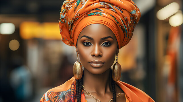 Young and attractive African woman smiling and dressed in traditional clothes of her country and big earrings.