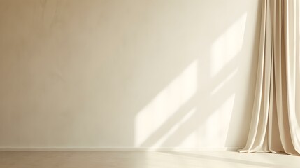 Fototapeta premium Elegant Room with Curtains in ivory Colors and Shadow of Windows. Studio Background for Product Presentation. 