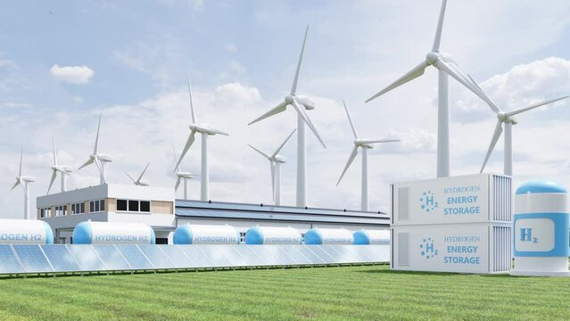 Concept of an energy storage system based on electrolysis of hydrogen for clean electricity solar and wind turbine facility.