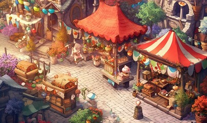 Obraz premium a painting of a small town with lots of flowers and a circus tent. generative ai