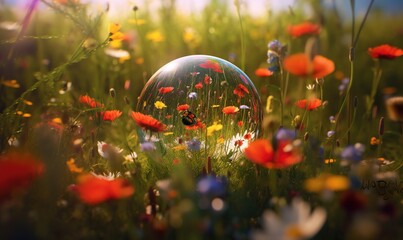  a bubble in a field of flowers with a butterfly on it.  generative ai