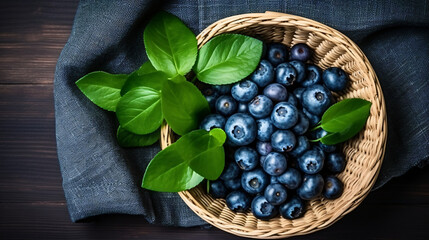 Top view from fresh Vaccinium myrtillus, European blueberry and green leaves in a wooden bowl on jute fabric and wooden table - obrazy, fototapety, plakaty