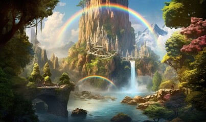  a painting of a waterfall with a bridge and a rainbow.  generative ai