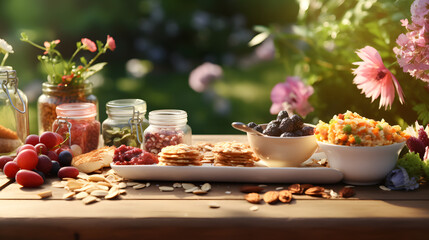 A table full of healty snacks in a garden