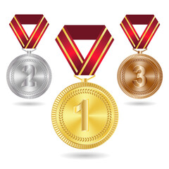 Golden silver bronze medal with red ribbon realistic illustrations set isolated on white background. Sports competition first, second, and third place awards. Vector sports award medal.