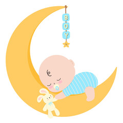 Boy baby  sleeping in the moon with doll 