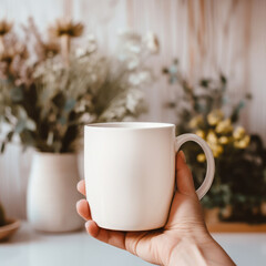 Woman holding ceramic cup, mockup for design. Generative Ai