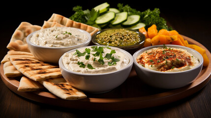 A platter of assorted Mediterranean dips, including hummus, baba ganoush, and tzatziki, served with pita bread