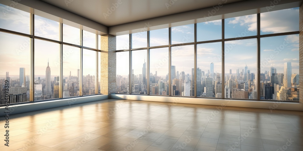 Poster empty interior view of modern metropolis through the window