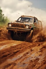 Obraz na płótnie Canvas A SUV racing down a muddy dirt race track spraying mud everywhere. Generative AI