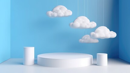 White product showcase in front of blue background