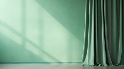 Elegant Room with Curtains in light green Colors and Shadow of Windows. Studio Background for Product Presentation.
