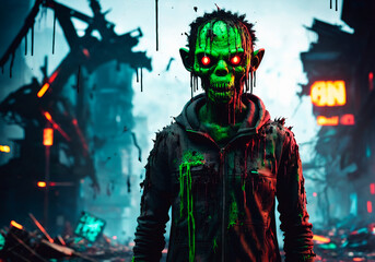 Zombie man in the city at night. Halloween. Horror. Generative AI.