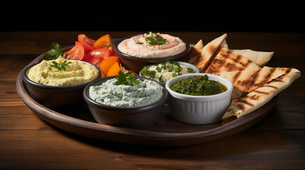A platter of assorted Mediterranean dips, including hummus, baba ganoush, and tzatziki, served with pita bread