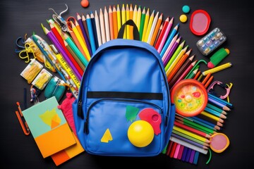 school backpack with various accessories on a black background, Generative AI