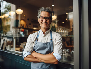 Portrait of happy man standing at doorway of his store. Cheerful mature waiter waiting for clients at coffee shop. Successful small business owner in casual wearing grey apron Generative ai