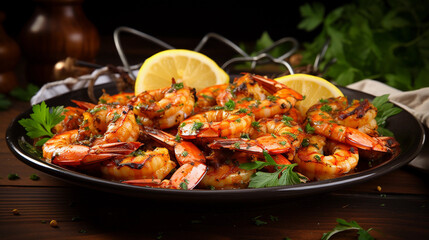 Fototapeta premium A plate of succulent and tender grilled shrimp skewers, seasoned with herbs and spices