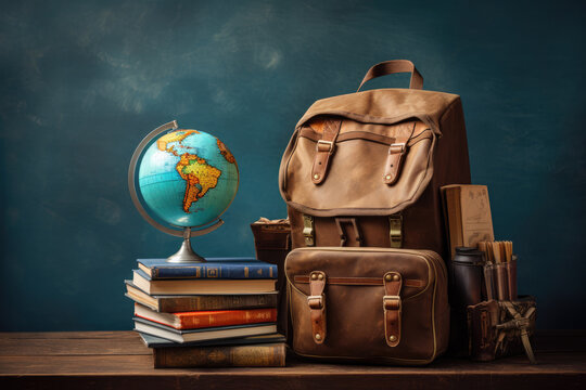 school backpack, books and globe on blackboard background, Generative AI