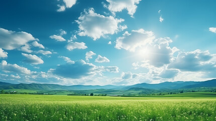 Beautiful panoramic natural landscape of a green field with grass against a blue sky with sun