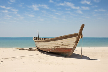 Naklejka na ściany i meble old fisherman boat isolated on sandy beach. High quality photo