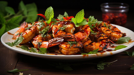 A plate of succulent and tender grilled shrimp skewers, seasoned with herbs and spices