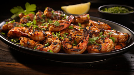 Fototapeta premium A plate of succulent and tender grilled shrimp skewers, seasoned with herbs and spices