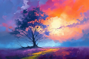 Obraz na płótnie Canvas Tree in autumn at sunset time, oil painting style, Generative AI