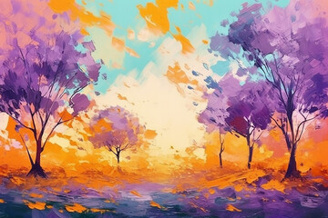 Obraz na płótnie Canvas Trees in autumn at sunset time, oil painting style, Generative AI