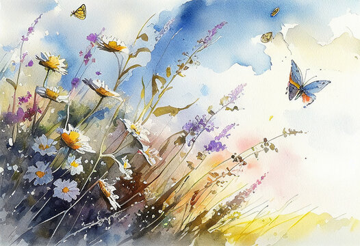 Generative AI image of Watercolor painting. Wild flower field with butterfly.