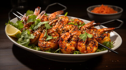 Fototapeta premium A plate of succulent and tender grilled shrimp skewers, seasoned with herbs and spices
