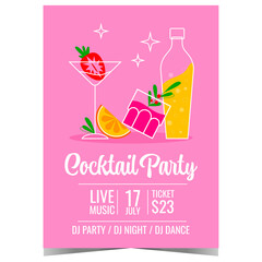 Summer party poster with cocktails on the background. Vector illustration of summer beach party banner or invitation to celebrate vacation season with tropical exotic drinks and fruit smoothie. - obrazy, fototapety, plakaty