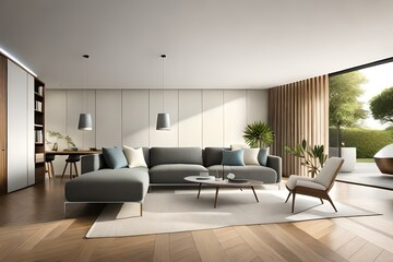 modern living room with furniture and beautiful window view - Generative AI