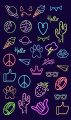 glowing desktop icon summer, neon sticker set, neon figure, glowing figure, neon geometrical figures 