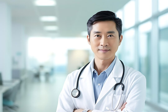 Portrait Of Asian Male Middle Age Doctor Standing In A Hospital Hallway Generative AI