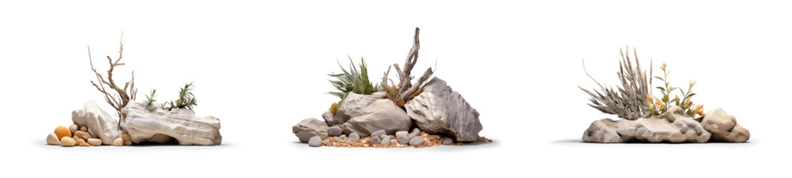 Generic Set Of Modern Abstract Decor Stone Rocks With Plants For Home Garden Landscaping Or Public Area Of Spa Or Desert Decoration Concepts Isolated On Transparent Png Background - Generative AI